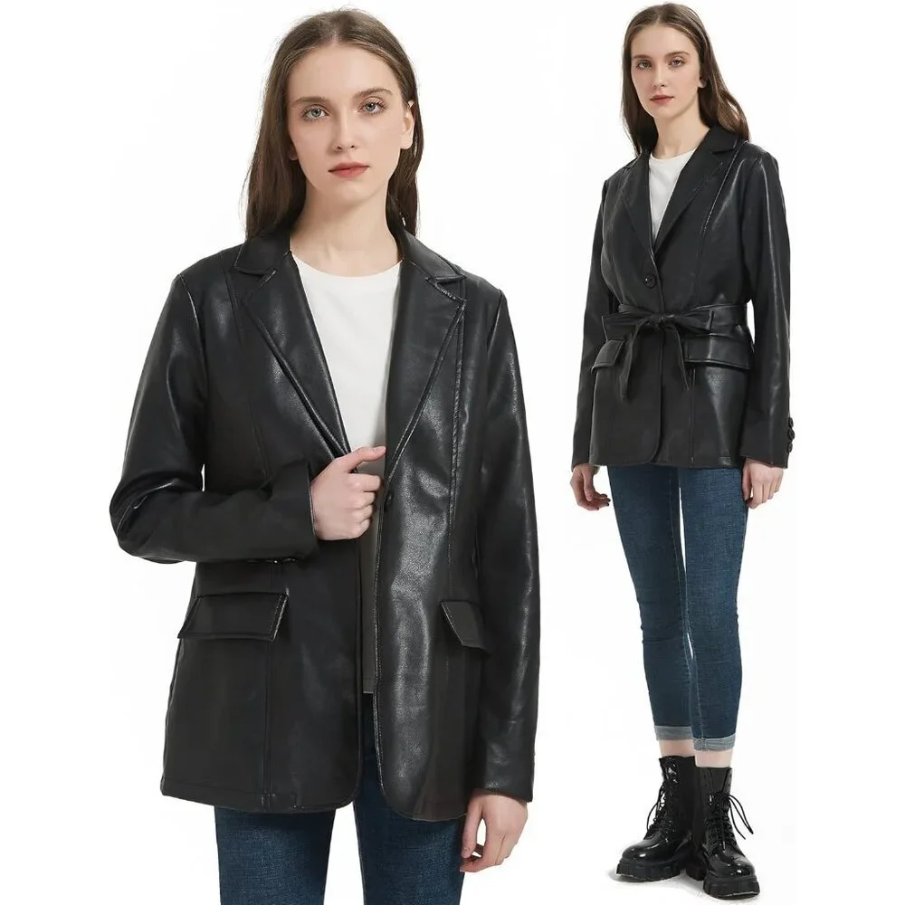 Women's Black Faux Leather Blazer Jacket Soft Casual Lapel Button Down Coat - Picture 4 of 6